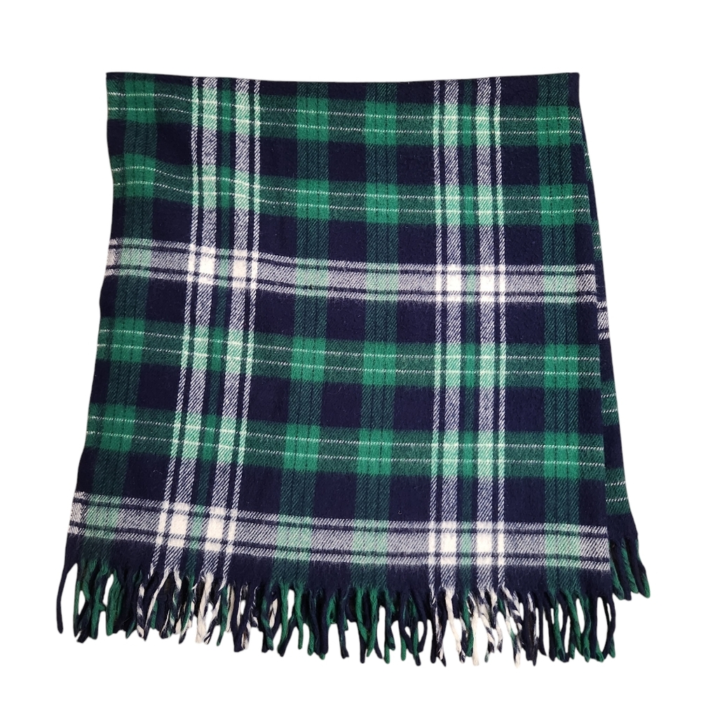 Faribault Woolen Mills Co Blue-Green-White Plaid Tartan Fringed Acrylic Blanket